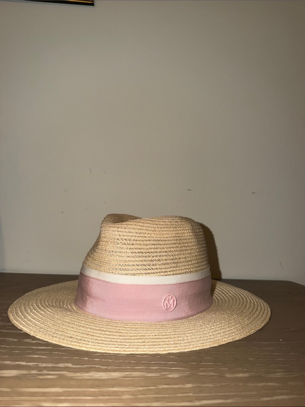 Maison Michel Woven Straw Fedora with Pink Ribbon Band Size Medium $800